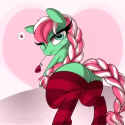 Size: 840x840 | Tagged: suggestive, artist:prettypinkpony, derpibooru import, oc, oc:peppermint chip, unofficial characters only, clothes, female, heart, mouth hold, rose, socks, striped socks, wink