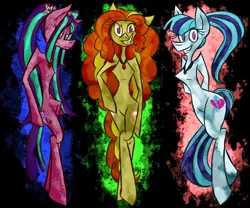 Size: 1080x900 | Tagged: safe, artist:azulmimi99, derpibooru import, adagio dazzle, aria blaze, sonata dusk, ponified, pony, semi-anthro, equestria girls, bipedal, equestria girls ponified, evil grin, grin, the dazzlings, trio