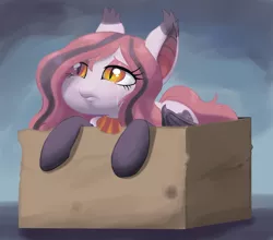 Size: 1368x1205 | Tagged: artist needed, safe, derpibooru import, oc, oc:arrhythmia, unofficial characters only, bat pony, pony, box, crying, homeless, sad, solo