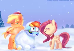 Size: 2788x1932 | Tagged: applejack, artist:gnidagovnida, clothes, derpibooru import, fluttershy, hat, rainbow dash, safe, scarf, snow, snowfall, snowman, snowmare