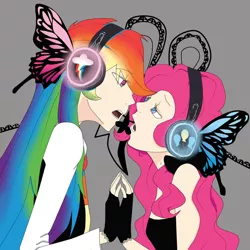 Size: 894x894 | Tagged: safe, artist:mlpfimcp, derpibooru import, pinkie pie, rainbow dash, butterfly, human, anime, butterfly wings, clothes, female, fingerless gloves, gloves, headphones, humanized, in love, lesbian, looking at each other, magnet, pinkiedash, shipping, singing, vocaloid