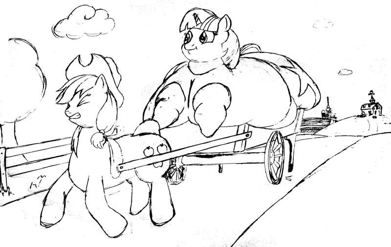 Size: 2500x1580 | Tagged: artist needed, questionable, derpibooru import, applejack, twilight sparkle, cart, farm, fat, image, immobile, jpeg, monochrome, morbidly obese, obese, sweet apple acres, twilard sparkle