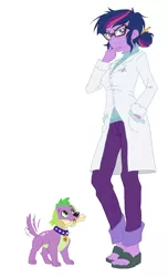 Size: 700x1150 | Tagged: safe, artist:ta-na, derpibooru import, sci-twi, spike, spike the regular dog, twilight sparkle, dog, equestria girls, feet, female, male, mouth hold, paws, sandals, scientist, tail wag, toes