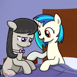 Size: 555x555 | Tagged: artist:drawponies, artist:terminuslucis, bed, comic, comic:adapting to night, derpibooru import, octavia melody, preview, safe, sitting, vinyl scratch