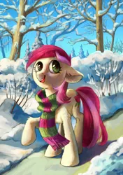Size: 700x997 | Tagged: safe, artist:lis-alis, derpibooru import, roseluck, earth pony, pony, chest fluff, clothes, ear fluff, female, floppy ears, fluffy, forest, happy, looking away, looking up, mare, open mouth, path, raised hoof, scarf, smiling, snow, winter