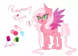 Size: 1095x798 | Tagged: safe, artist:citrusskittles, derpibooru import, oc, oc:raspberry ripple, unofficial characters only, changeling, changepony, hybrid, pegasus, pony, color palette, female, interspecies offspring, magical lesbian spawn, offspring, parent:oc:fluffle puff, parent:queen chrysalis, parents:canon x oc, parents:chrysipuff, pink changeling, simple background, solo, white background