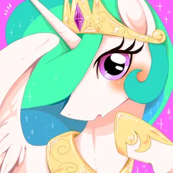 Size: 2000x2000 | Tagged: safe, artist:kiriya, derpibooru import, princess celestia, alicorn, pony, blushing, bust, crown, cute, cutelestia, female, hoof shoes, jewelry, looking at you, mare, pixiv, portrait, regalia, solo