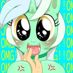 Size: 2000x2000 | Tagged: safe, artist:kiriya, derpibooru import, lyra heartstrings, human, pony, unicorn, blushing, cute, eyes on the prize, female, fetish, hand, hand fetish, happy, hoof hold, mare, offscreen character, omg, open mouth, pixiv, pov, smiling, solo focus, starry eyes, that pony sure does love hands, wingding eyes