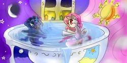 Size: 1366x685 | Tagged: artist:llamacreator, bathing, cewestia, derpibooru import, filly, princess celestia, princess luna, safe, splashing, woona