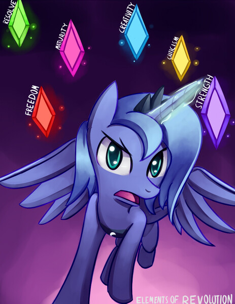 Size: 695x900 | Tagged: artifact, artist:negativefox, derpibooru import, glare, looking at you, magic, open mouth, princess luna, revolution, safe, solo, spread wings