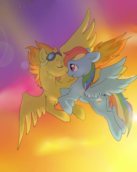 Size: 700x878 | Tagged: artist:lulubell, derpibooru import, female, flying, goggles, lesbian, rainbow dash, safe, shipping, spitdash, spitfire