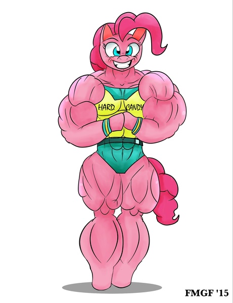 Size: 1697x2211 | Tagged: anthro, arm hooves, artist:furrymusclegrowthfan, derpibooru import, flexing, grin, huge, looking at you, musclebeast, muscles, my muscle pony, overdeveloped muscles, pinkie pie, pinkie pump, safe, simple background, smiling, solo, unguligrade anthro, white background, workout outfit