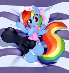 Size: 2617x2750 | Tagged: dead source, suggestive, artist:omi, derpibooru import, rainbow dash, adorasexy, bed, blue underwear, both cutie marks, clothes, cute, female, hat, high res, image, latex, latex stockings, nurse, nurse hat, nurse outfit, on back, panties, plot, png, presenting, sexy, solo, solo female, stockings, striped underwear, stupid sexy rainbow dash, thong, underhoof, underwear