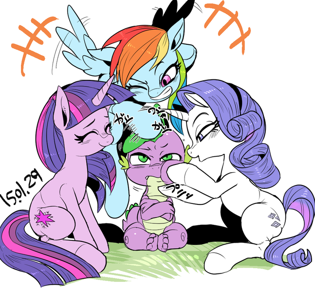 Size: 991x919 | Tagged: safe, artist:nekubi, derpibooru import, rainbow dash, rarity, spike, twilight sparkle, dragon, pegasus, pony, unicorn, eyes closed, female, male, mare, noogie, one eye closed, pampering, smiling, spike gets all the mares, spikelove, unicorn twilight