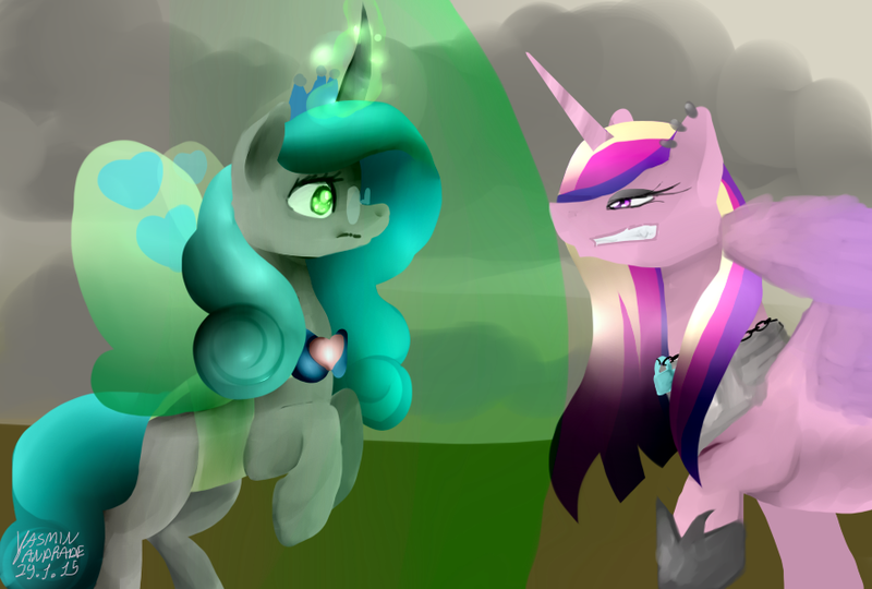 Size: 888x599 | Tagged: artist:mimbyarts, barrier, derpibooru import, evil cadance, glare, gritted teeth, magic, mirror universe, princess cadance, queen chrysalis, raised hoof, rearing, reversalis, safe