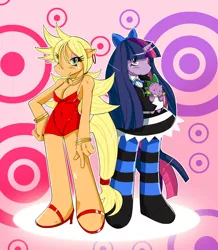 Size: 1605x1837 | Tagged: anthro, applejack, artist:ss2sonic, belly button, blue mane, blue tail, bracelet, cleavage, clothes, cosplay, costume, derpibooru import, dress, earring, eyelashes, eyeshadow, female, freckles, goth, high heels, horn, long mane, long tail, multicolored mane, multicolored tail, panty and stocking with garterbelt, pink mane, pink tail, ponibooru import, purple mane, purple tail, ribbon, safe, shoes, skintight clothes, spike, stockings, tail, twilight sparkle, yellow mane, yellow tail