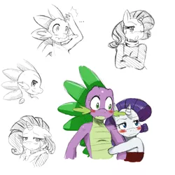 Size: 3000x3000 | Tagged: safe, artist:ss2sonic, derpibooru import, rarity, spike, anthro, ..., blushing, bust, clothes, coat, crossed arms, crying, female, looking at you, looking away, looking back, looking back at you, male, one eye closed, open mouth, shipping, simple background, sketch, sketch dump, sparity, straight, sweat, sweater, tsundere, tsunderity, turtleneck, white background