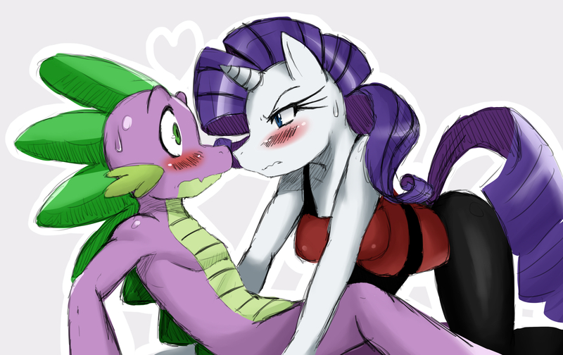 Size: 2688x1692 | Tagged: suggestive, artist:ss2sonic, derpibooru import, rarity, spike, anthro, angry, blushing, clothes, eye contact, female, frown, glare, heart, interspecies, looking at each other, male, on back, shipping, simple background, sparity, straight, sweat, sweatdrop, tsundere, tsunderity, wavy mouth, white background, wide eyes