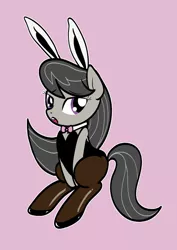 Size: 1024x1448 | Tagged: suggestive, artist:osakachii, derpibooru import, octavia melody, earth pony, pony, bunny suit, clothes, playboy bunny, simple background, sitting, solo