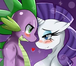 Size: 1714x1485 | Tagged: suggestive, artist:ss2sonic, derpibooru import, rarity, spike, anthro, bedroom eyes, blushing, eye contact, female, floppy ears, heart, male, older, shipping, smiling, sparity, sparkles, straight