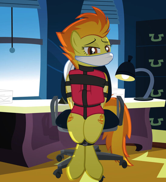 Size: 800x879 | Tagged: artist:radiantrealm, belts, bondage, both cutie marks, bound wings, cloth gag, derpibooru import, gag, questionable, show accurate, show accurate porn, spitfire, straitjacket, straps, subfire, wonderbolts