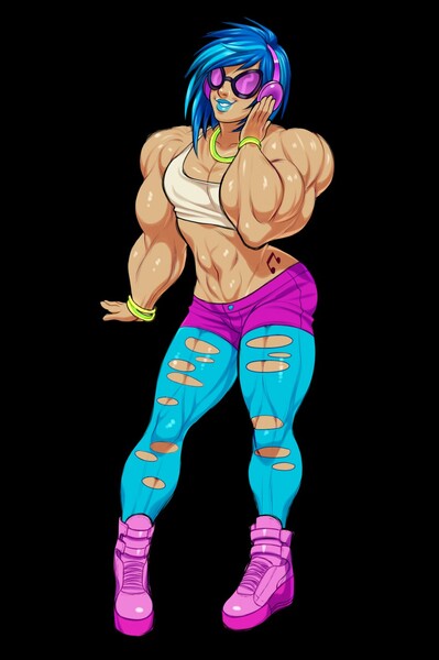 Size: 852x1280 | Tagged: abs, artist:2ll2l, artist:aaron kim, belly button, clothes, derpibooru import, female, human, humanized, midriff, muscles, my muscle pony, overdeveloped muscles, shorts, solo, solo female, suggestive, torn clothes, vinyl scratch, vinyl smash
