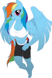 Size: 1024x1533 | Tagged: abs, anthro, artist:angel-wing101, bedroom eyes, breasts, busty rainbow dash, clothes, derpibooru import, female, midriff, muscles, my muscle pony, rainbow dash, rainbuff dash, shorts, solo, solo female, sports bra, suggestive, unguligrade anthro, workout outfit