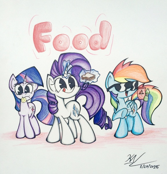 Size: 2361x2455 | Tagged: artist:pelate, derpibooru import, doritos, food, lemon, levitation, magic, montage parody, mountain dew, mouth hold, rainbow dash, rarity, safe, sandwich, sunglasses, traditional art, twilight sparkle