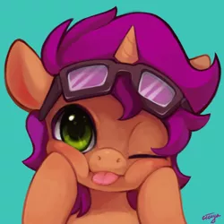 Size: 534x534 | Tagged: safe, artist:ciciya, derpibooru import, oc, unofficial characters only, pony, unicorn, :p, cute, goggles, looking at you, solo, squishy cheeks, tongue out, wink