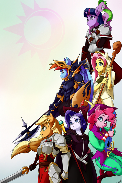 Size: 1280x1920 | Tagged: anthro, applejack, armor, artist:skecchiart, crossover, derpibooru import, final fantasy, fluttershy, mane seven, mane six, pinkie pie, rainbow dash, rarity, roleplaying, rpg, safe, spike, sword, twilight sparkle