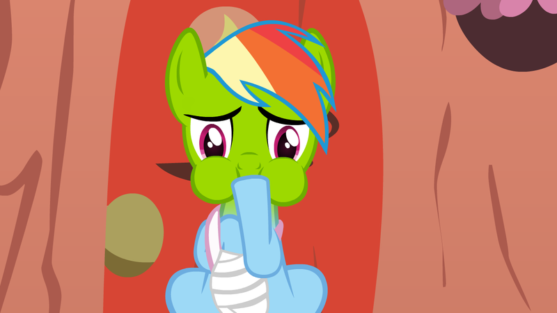 Size: 1280x720 | Tagged: arm sling, asksparklesanddashie, green face, imminent vomiting, injured, puffy cheeks, rainbow dash, safe, sick, solo