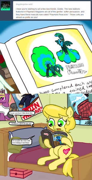 Size: 640x1250 | Tagged: artist:familywing, artist:ficficponyfic, comic, crossdressing, derpibooru import, oc, oc:golden brisk, oc:preen, oc:primp, peacock pony, playmare, suggestive, unofficial characters only