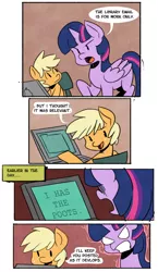 Size: 1114x1920 | Tagged: safe, artist:fauxsquared, derpibooru import, applejack, twilight sparkle, twilight sparkle (alicorn), alicorn, earth pony, pony, angry, annoyed, chair, comic, computer, dialogue, duo, e-mail, english, female, filly, laptop computer, library, mare, pc, pearjack, sitting, speech bubble, standing