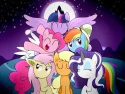 Size: 1600x1200 | Tagged: safe, artist:darkynez, derpibooru import, applejack, fluttershy, nightmare rarity, pinkie pie, rainbow dash, rarity, twilight sparkle, twilight sparkle (alicorn), alicorn, pony, annoyed, flutterbat, hat, hatless, mane six, missing accessory, moon, night, nightmare night, smiling, smirk