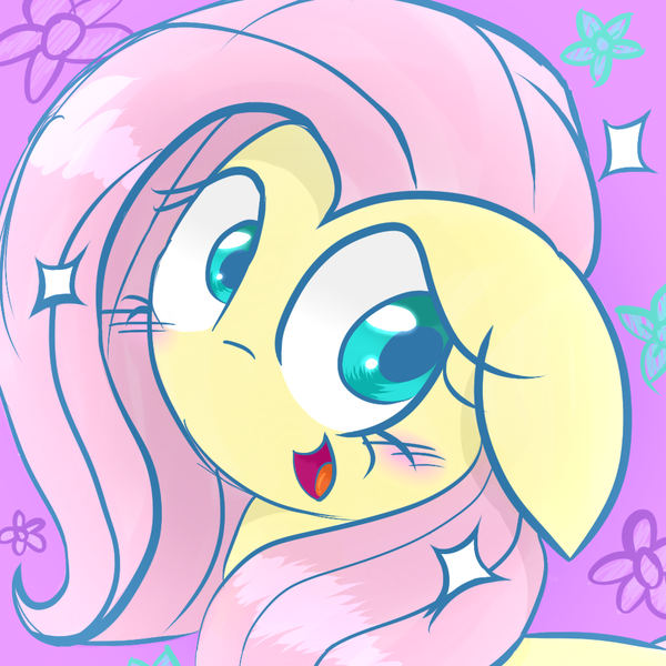 Size: 1000x1000 | Tagged: artist:darkynez, blushing, cute, derpibooru import, floppy ears, flower, fluttershy, happy, open mouth, purple background, safe, shyabetes, simple background, smiling, solo, sparkles