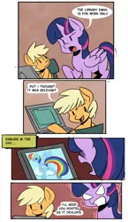 Size: 1114x1920 | Tagged: suggestive, artist:fauxsquared, artist:pinkiepizzles, derpibooru import, edit, applejack, rainbow dash, twilight sparkle, twilight sparkle (alicorn), alicorn, pony, clothes, cloud, comic, computer, exploitable meme, female, library, mare, meme, panties, pearjack, pearjack's e-mail, plot, underwear