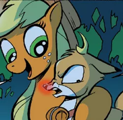 Size: 265x259 | Tagged: applejack, bramble, deer, derpibooru import, edit, idw, out of season, rudolph the red nosed reindeer, safe, spoiler:comic, spoiler:comic27