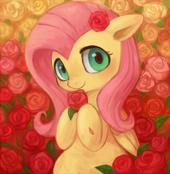 Size: 560x572 | Tagged: safe, artist:kei05, derpibooru import, fluttershy, pegasus, pony, blushing, cute, female, flower, flower in hair, looking at you, mare, pixiv, rose, shyabetes, smiling, solo