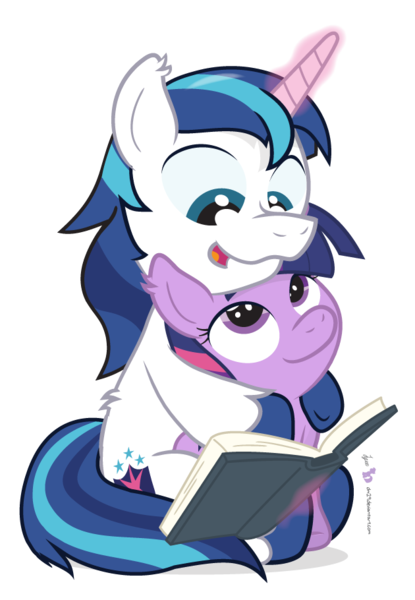 Size: 630x910 | Tagged: artist:dm29, bbbff, brother and sister, cute, derpibooru import, duo, fuzznums, hug, julian yeo is trying to murder us, reading, safe, shining adorable, shining armor, siblings, simple background, story time, transparent background, twilight sparkle