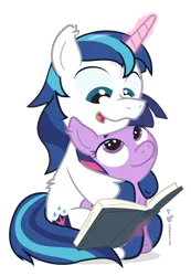 Size: 630x910 | Tagged: artist:dm29, bbbff, brother and sister, cute, derpibooru import, duo, fuzznums, hug, julian yeo is trying to murder us, reading, safe, shining adorable, shining armor, siblings, simple background, story time, transparent background, twilight sparkle