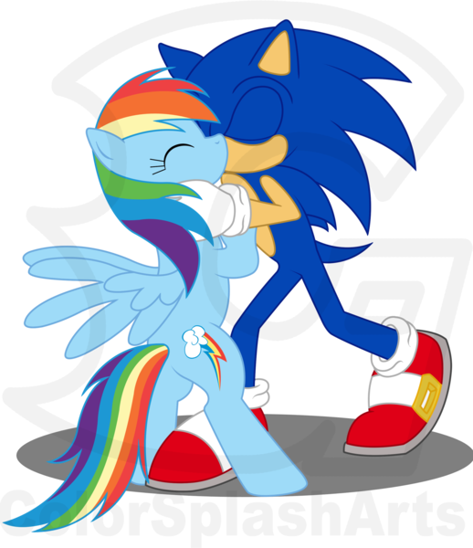 Size: 2276x2634 | Tagged: artist:colorsplasharts, crossover, crossover shipping, derpibooru import, female, interspecies, kissing, male, obtrusive watermark, rainbow dash, safe, sonicdash, sonic the hedgehog, sonic the hedgehog (series), straight, watermark