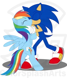 Size: 2276x2634 | Tagged: artist:colorsplasharts, crossover, crossover shipping, derpibooru import, female, interspecies, kissing, male, obtrusive watermark, rainbow dash, safe, sonicdash, sonic the hedgehog, sonic the hedgehog (series), straight, watermark