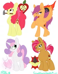 Size: 1522x1946 | Tagged: safe, artist:farewelldecency, deleted from derpibooru, derpibooru import, apple bloom, babs seed, scootaloo, sweetie belle, earth pony, pegasus, pony, unicorn, alternate cutie mark, blank flank, cutie mark crusaders, ear piercing, earring, hammer, jewelry, mouth hold, older, one hoof raised, piercing, simple background, tongue piercing, white background, wing piercing