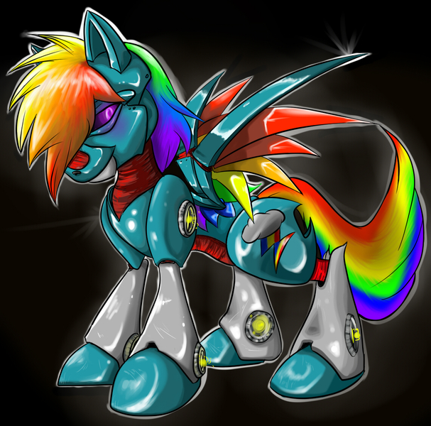 Size: 1138x1124 | Tagged: safe, artist:crimsoncanine, derpibooru import, rainbow dash, pony, robot, robot pony, rainbot dash, roboticization, solo, species swap