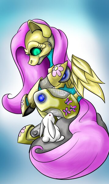 Size: 761x1280 | Tagged: safe, artist:crimsoncanine, derpibooru import, angel bunny, fluttershy, pony, robot, robot pony, flutterbot, roboticization, species swap