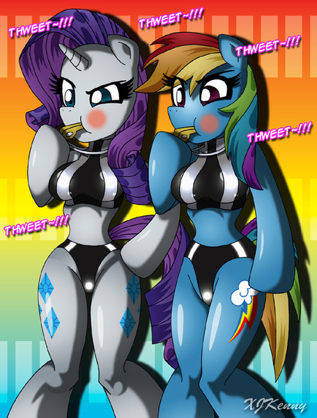 Size: 550x726 | Tagged: anthro, arm hooves, artist:xjkenny, blowing, blowing whistle, blushing, breasts, busty rainbow dash, busty rarity, commission, cute, derpibooru import, female, midriff, partial nudity, puffy cheeks, rainblow dash, rainbow dash, rainbow dashs coaching whistle, rarity, red face, referee, referee rainbow dash, referee rarity, suggestive, unguligrade anthro, whistle, whistle necklace