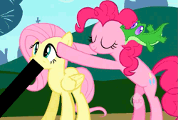 Size: 715x480 | Tagged: animated, animation error, censor bar, censored, derpibooru import, duo, fluttershy, gummy, implied blowjob, implied oral, implied sex, oral, pinkie pie, suggestive, unnecessary censorship