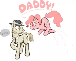 Size: 2158x1715 | Tagged: safe, artist:aenbrdraws, derpibooru import, igneous rock pie, pinkie pie, earth pony, pony, colored pupils, cutie mark, duo, father and daughter, female, hat, heart, jumping, looking at each other, male, mare, necktie, pronking, simple background, smiling, speech, speech bubble, stallion, straw in mouth, white background