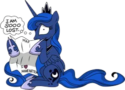 Size: 2454x1781 | Tagged: artist:andypriceart, artist:kaylathehedgehog, derpibooru import, heart, hoof hold, idw, i ❤️ ny, looking at you, lost, manehattan, map, princess luna, safe, simple background, sitting, solo, tourist, transparent background, vector, wide eyes