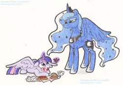 Size: 1024x711 | Tagged: safe, artist:artistnjc, deleted from derpibooru, derpibooru import, princess luna, twilight sparkle, twilight sparkle (alicorn), alicorn, pony, awkward, burger, food, french fries, hay burger, hay fries, ketchup, looking at each other, luna is not amused, on the floor, sauce, simple background, spread wings, that pony sure does love burgers, traditional art, twilight burgkle, unamused, wings